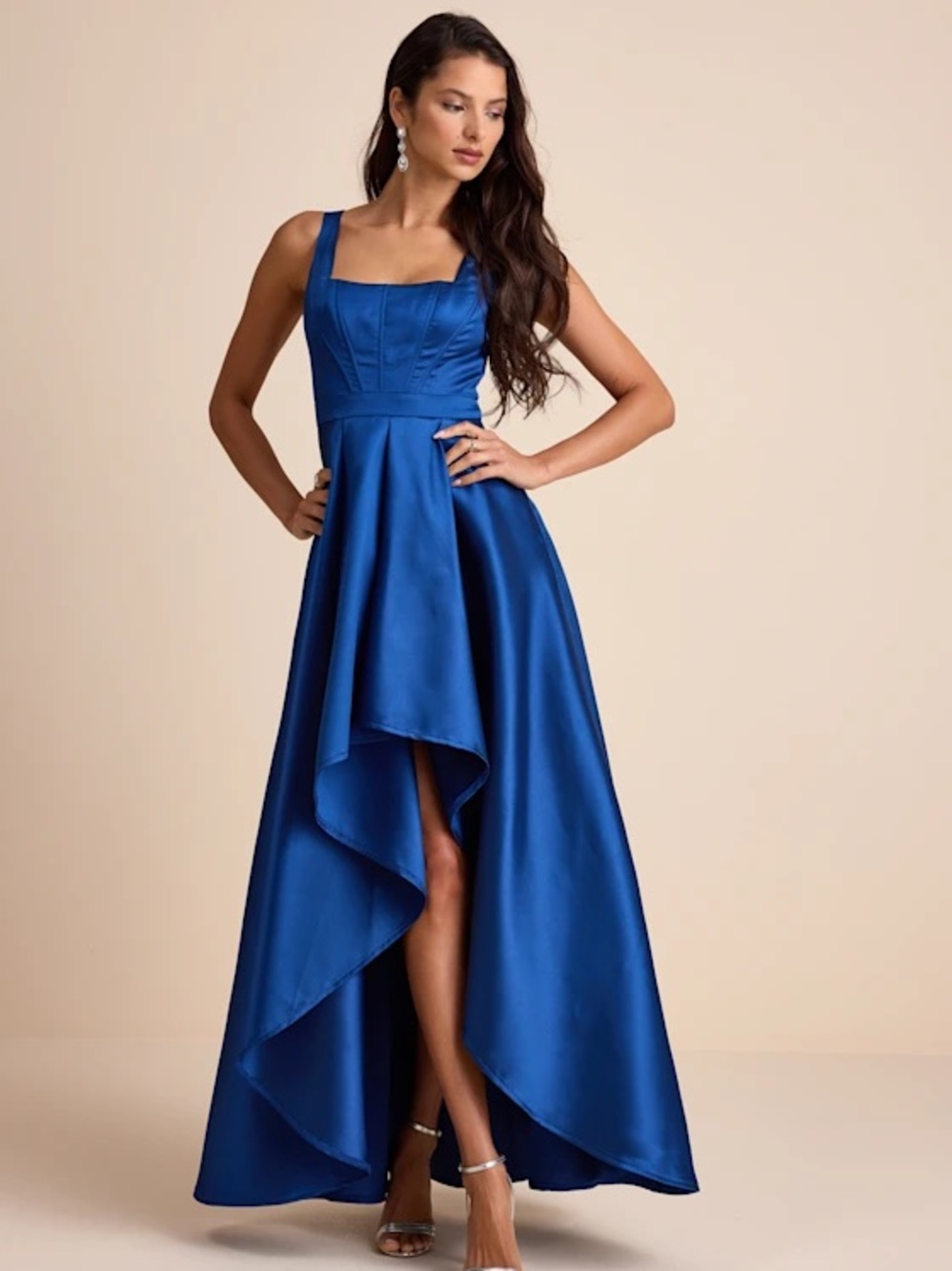 Lulus royal blue Wisola Taffeta Pleated Corset High-Low Maxi Dress